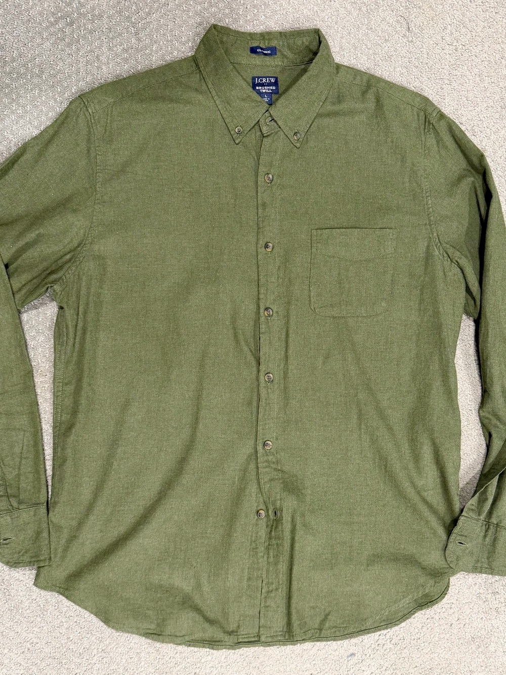 J. Crew Olive Green Brushed Twill Button-Down Shirt - Mens Large